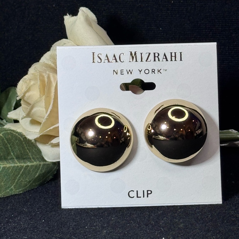ISAAC MIZRAHI Gold Tone Button Clip On Earrings 1 inch approx